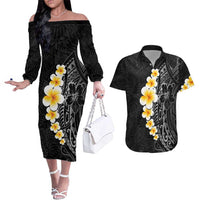 Black Tropical Plumeria With Galaxy Polynesian Art Couples Matching Off The Shoulder Long Sleeve Dress and Hawaiian Shirt LT14 Black - Polynesian Pride
