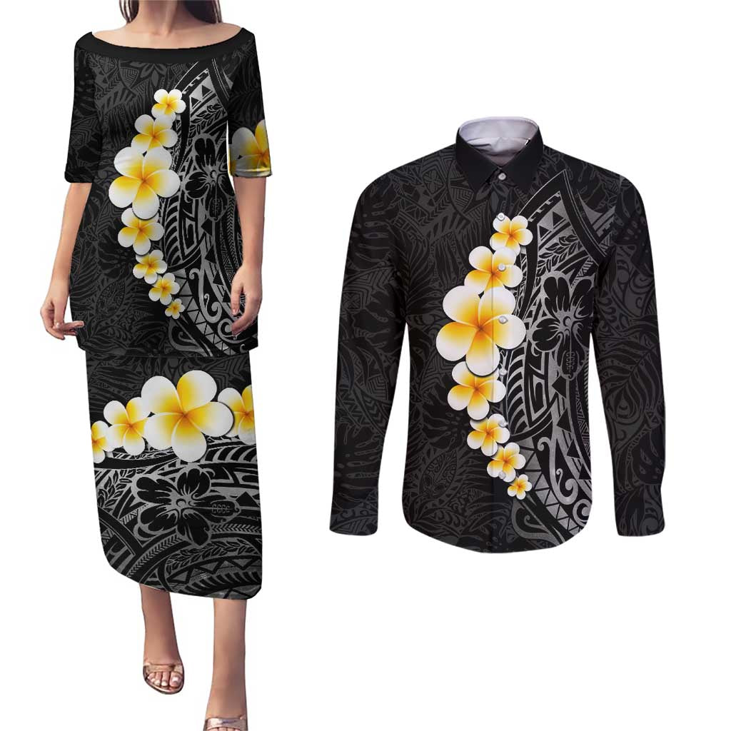 Black Tropical Plumeria With Galaxy Polynesian Art Couples Matching Puletasi and Long Sleeve Button Shirt LT14 Black - Polynesian Pride