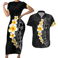Black Tropical Plumeria With Galaxy Polynesian Art Couples Matching Short Sleeve Bodycon Dress and Hawaiian Shirt LT14 Black - Polynesian Pride