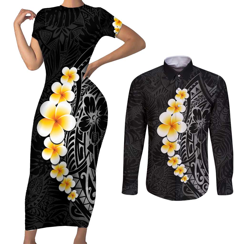Black Tropical Plumeria With Galaxy Polynesian Art Couples Matching Short Sleeve Bodycon Dress and Long Sleeve Button Shirt LT14 Black - Polynesian Pride