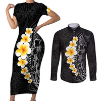 Black Tropical Plumeria With Galaxy Polynesian Art Couples Matching Short Sleeve Bodycon Dress and Long Sleeve Button Shirt LT14 Black - Polynesian Pride