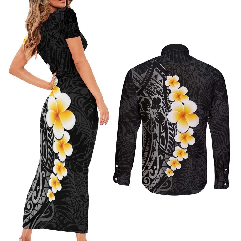 Black Tropical Plumeria With Galaxy Polynesian Art Couples Matching Short Sleeve Bodycon Dress and Long Sleeve Button Shirt LT14 - Polynesian Pride