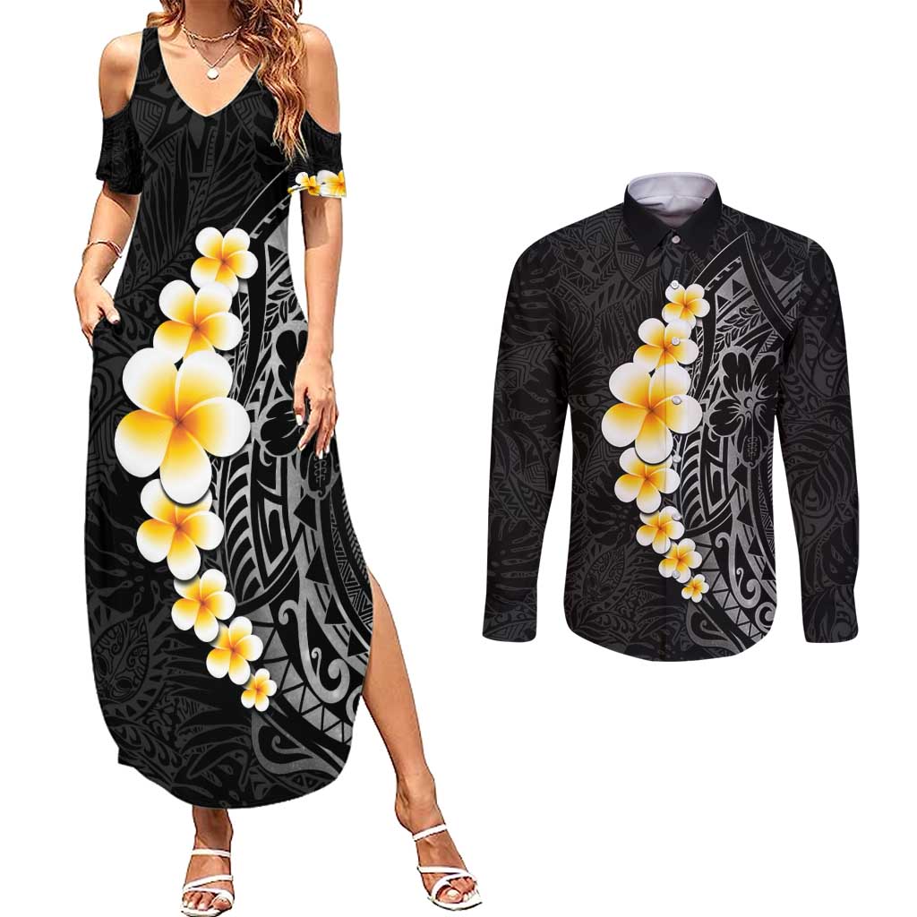 Black Tropical Plumeria With Galaxy Polynesian Art Couples Matching Summer Maxi Dress and Long Sleeve Button Shirt LT14 Black - Polynesian Pride