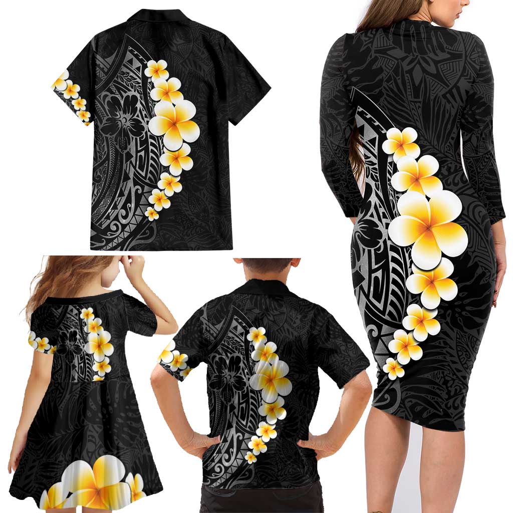 Black Tropical Plumeria With Galaxy Polynesian Art Family Matching Long Sleeve Bodycon Dress and Hawaiian Shirt LT14 - Polynesian Pride