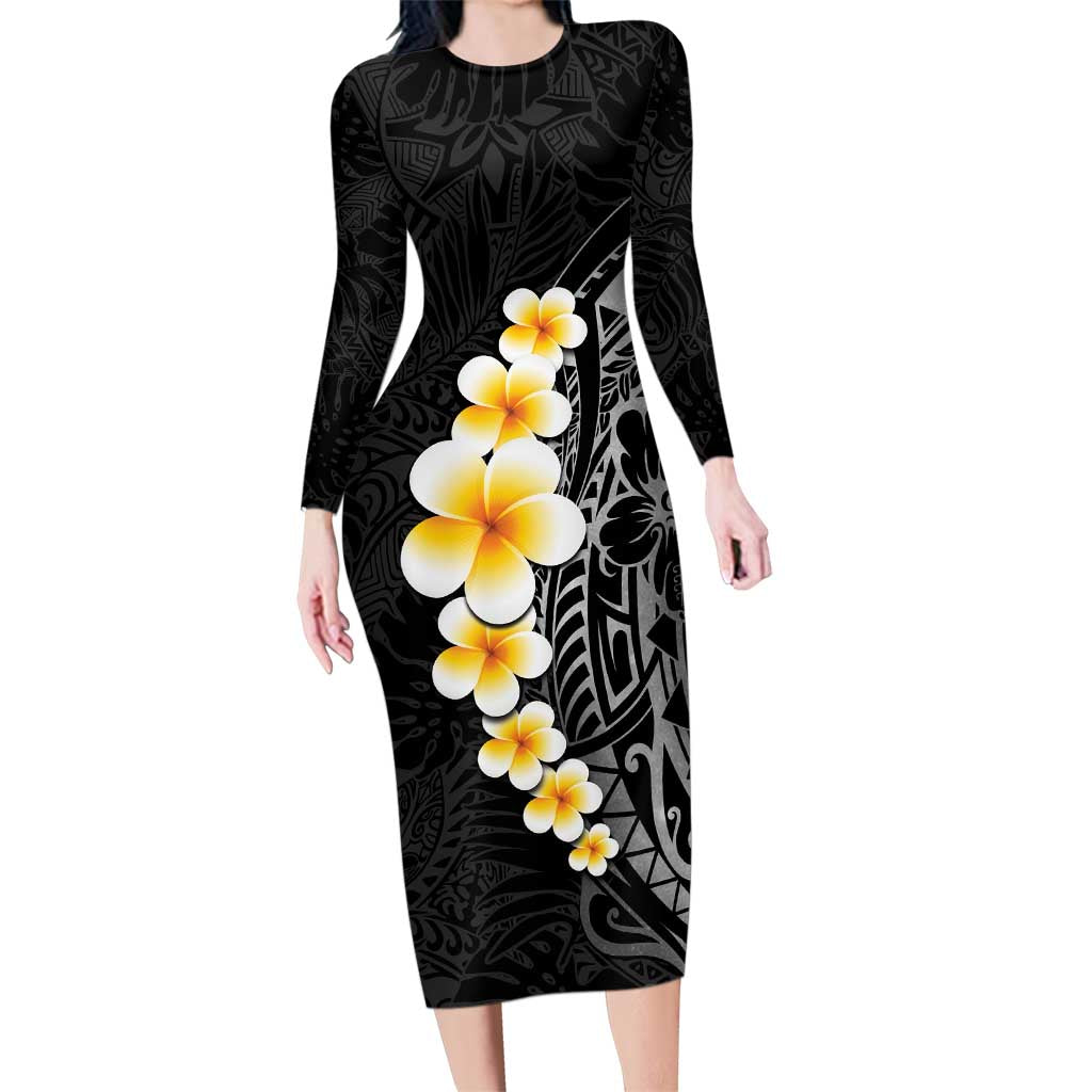 Black Tropical Plumeria With Galaxy Polynesian Art Family Matching Long Sleeve Bodycon Dress and Hawaiian Shirt LT14 Mom's Dress Black - Polynesian Pride