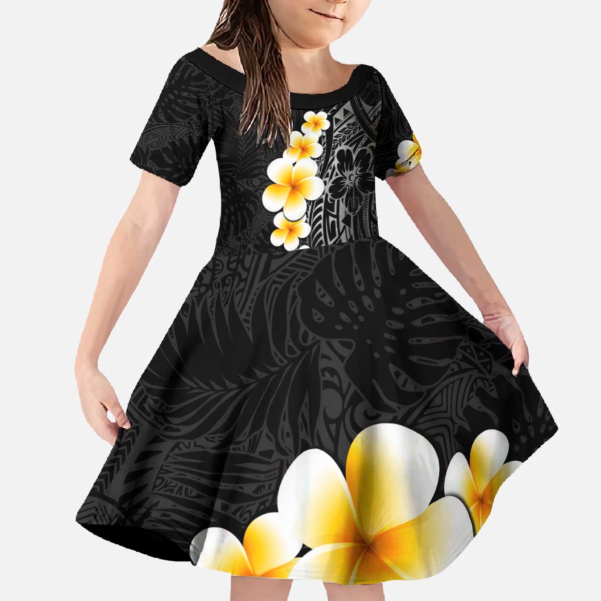 Black Tropical Plumeria With Galaxy Polynesian Art Family Matching Off The Shoulder Long Sleeve Dress and Hawaiian Shirt LT14 Daughter's Dress Black - Polynesian Pride