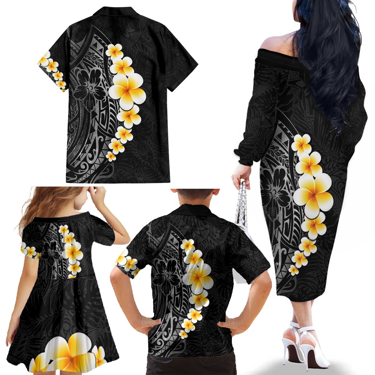Black Tropical Plumeria With Galaxy Polynesian Art Family Matching Off The Shoulder Long Sleeve Dress and Hawaiian Shirt LT14 - Polynesian Pride