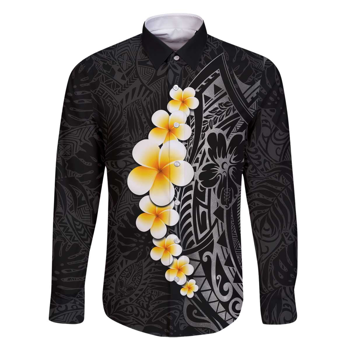 Black Tropical Plumeria With Galaxy Polynesian Art Family Matching Off The Shoulder Long Sleeve Dress and Hawaiian Shirt LT14 Dad's Shirt - Long Sleeve Black - Polynesian Pride