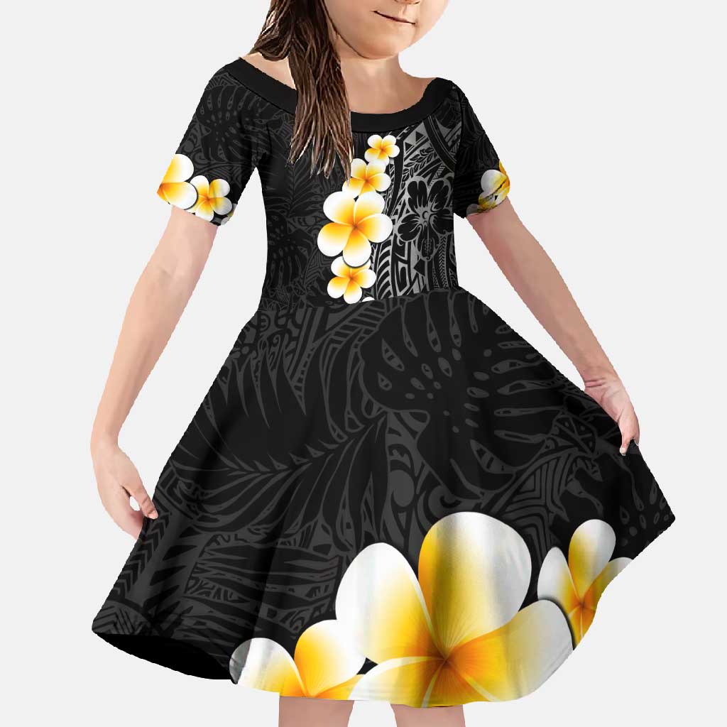 Black Tropical Plumeria With Galaxy Polynesian Art Family Matching Off Shoulder Maxi Dress and Hawaiian Shirt LT14 Daughter's Dress Black - Polynesian Pride
