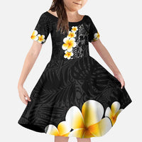 Black Tropical Plumeria With Galaxy Polynesian Art Family Matching Off Shoulder Maxi Dress and Hawaiian Shirt LT14 Daughter's Dress Black - Polynesian Pride