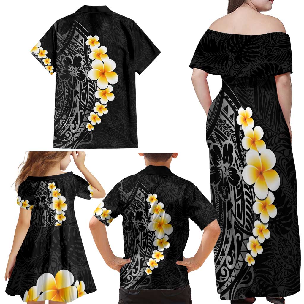 Black Tropical Plumeria With Galaxy Polynesian Art Family Matching Off Shoulder Maxi Dress and Hawaiian Shirt LT14 - Polynesian Pride