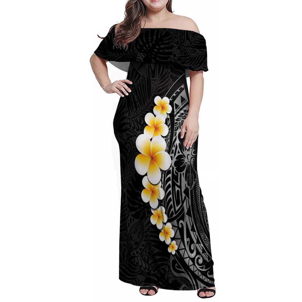 Black Tropical Plumeria With Galaxy Polynesian Art Family Matching Off Shoulder Maxi Dress and Hawaiian Shirt LT14 Mom's Dress Black - Polynesian Pride
