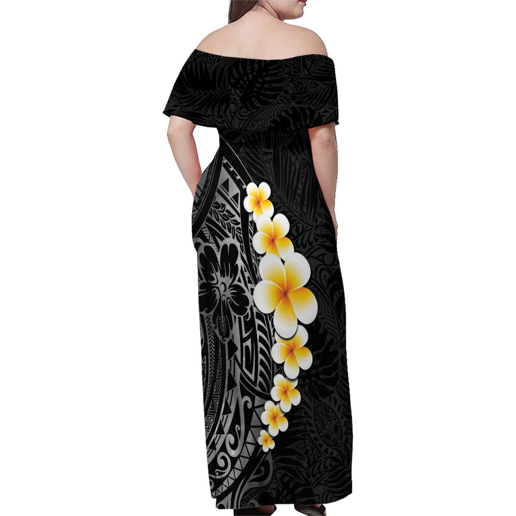 Black Tropical Plumeria With Galaxy Polynesian Art Family Matching Off Shoulder Maxi Dress and Hawaiian Shirt LT14 - Polynesian Pride