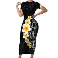 Black Tropical Plumeria With Galaxy Polynesian Art Family Matching Short Sleeve Bodycon Dress and Hawaiian Shirt LT14 Mom's Dress Black - Polynesian Pride