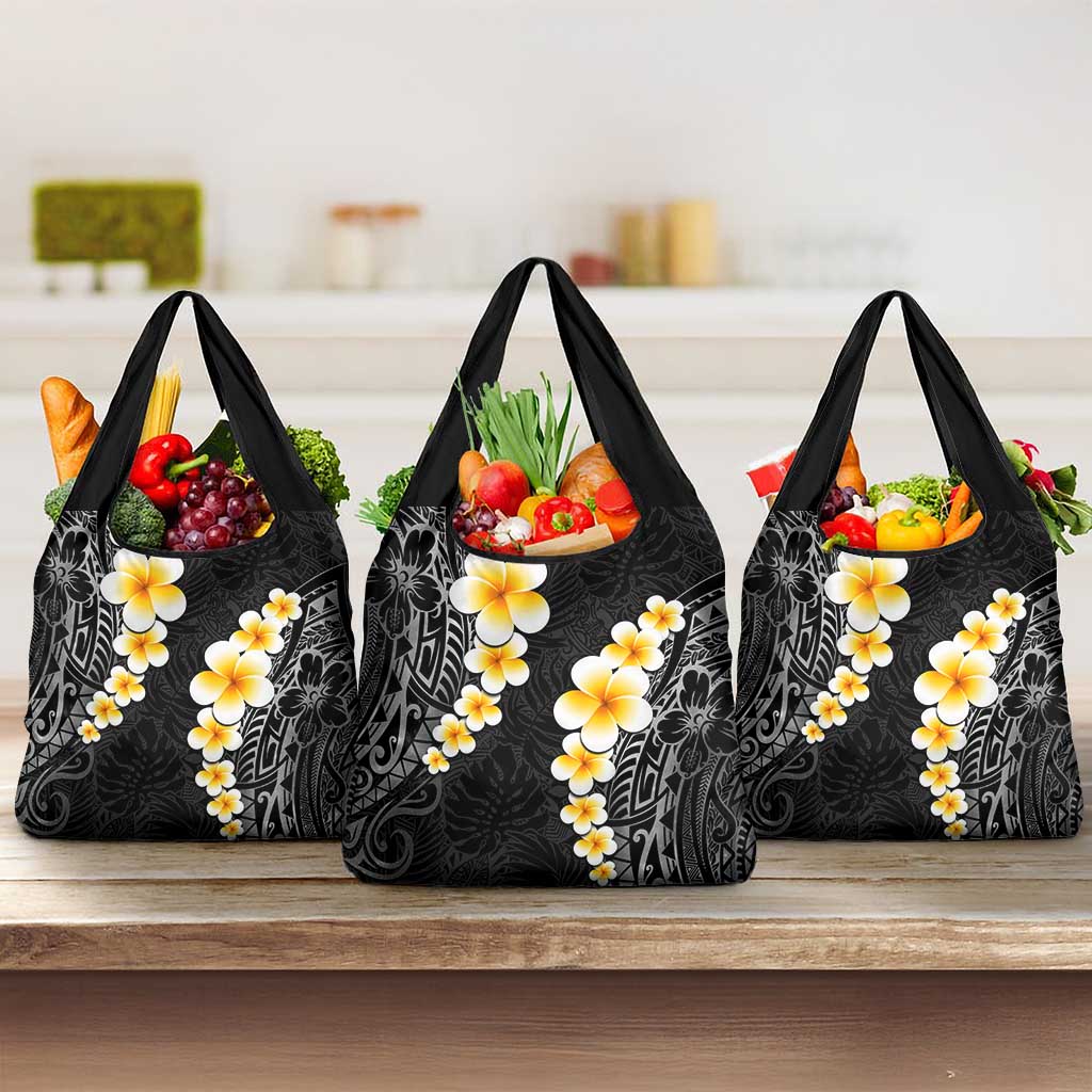 Black Tropical Plumeria With Galaxy Polynesian Art Grocery Bag