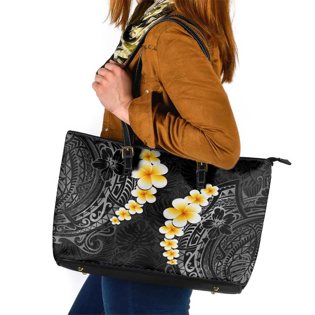 Black Tropical Plumeria With Galaxy Polynesian Art Leather Tote Bag LT14 Black - Polynesian Pride