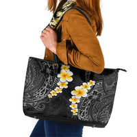 Black Tropical Plumeria With Galaxy Polynesian Art Leather Tote Bag LT14 Black - Polynesian Pride