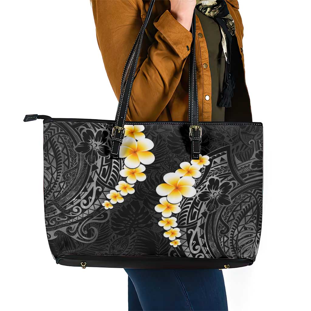 Black Tropical Plumeria With Galaxy Polynesian Art Leather Tote Bag LT14 - Polynesian Pride