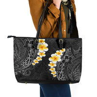 Black Tropical Plumeria With Galaxy Polynesian Art Leather Tote Bag LT14 - Polynesian Pride