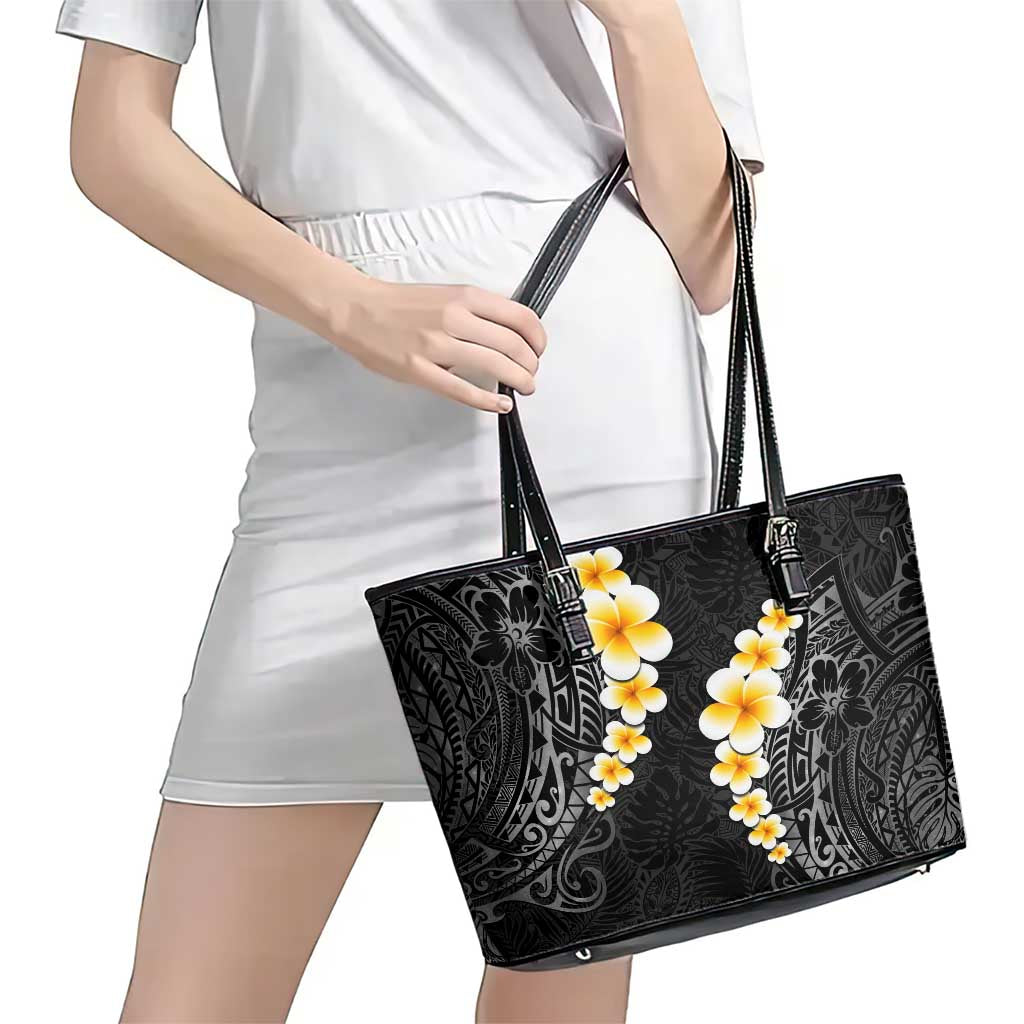 Black Tropical Plumeria With Galaxy Polynesian Art Leather Tote Bag LT14 - Polynesian Pride