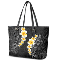 Black Tropical Plumeria With Galaxy Polynesian Art Leather Tote Bag LT14 - Polynesian Pride