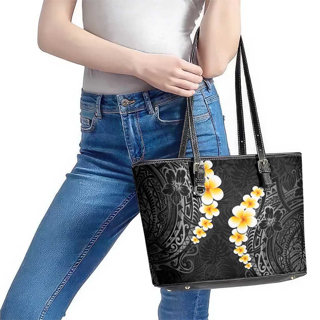Black Tropical Plumeria With Galaxy Polynesian Art Leather Tote Bag LT14 - Polynesian Pride