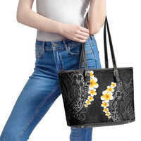 Black Tropical Plumeria With Galaxy Polynesian Art Leather Tote Bag LT14 - Polynesian Pride