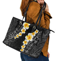 Black Tropical Plumeria With Galaxy Polynesian Art Leather Tote Bag LT14 - Polynesian Pride