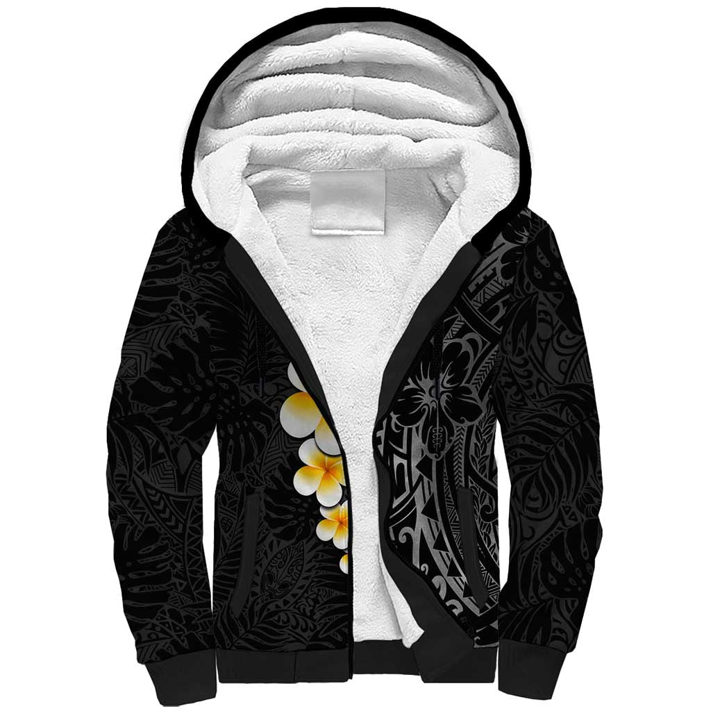 Black Tropical Plumeria With Galaxy Polynesian Art Sherpa Hoodie LT14 Unisex Black - Polynesian Pride