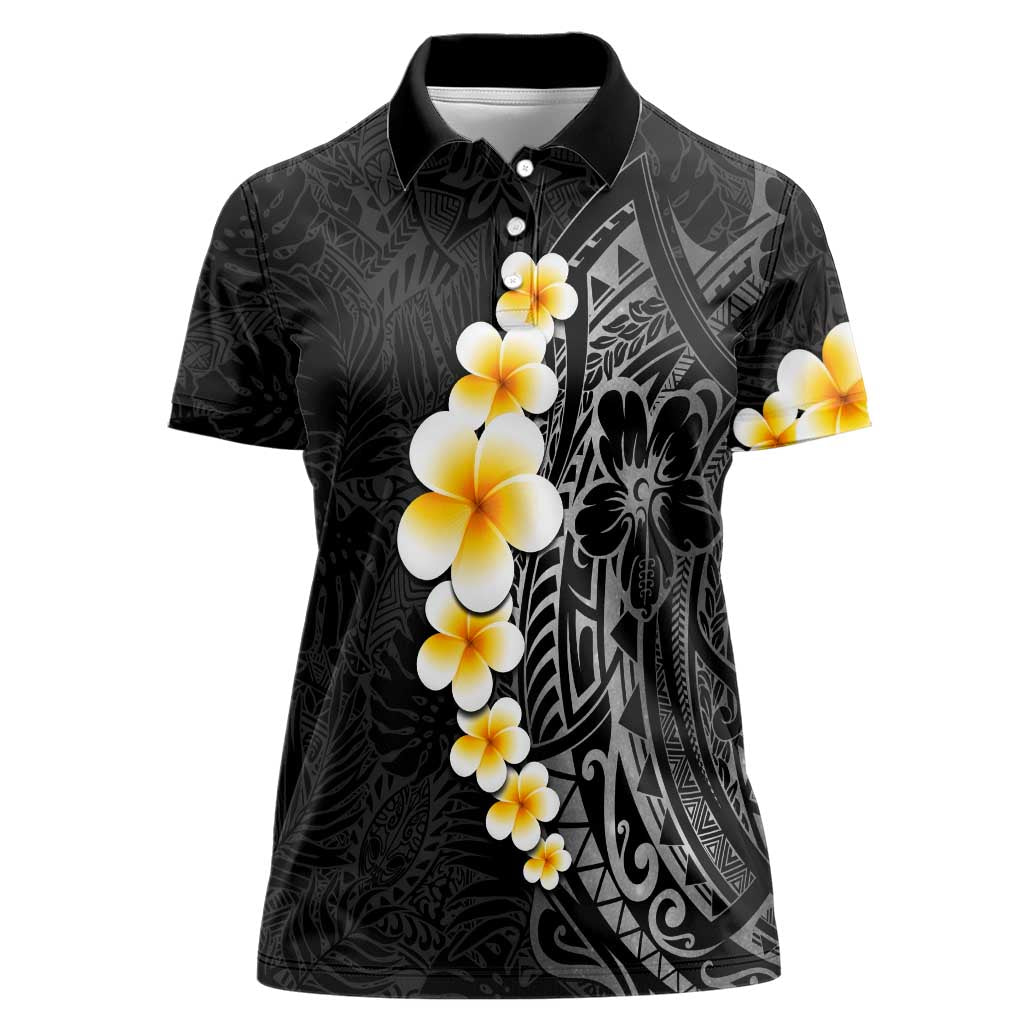 Black Tropical Plumeria With Galaxy Polynesian Art Women Polo Shirt