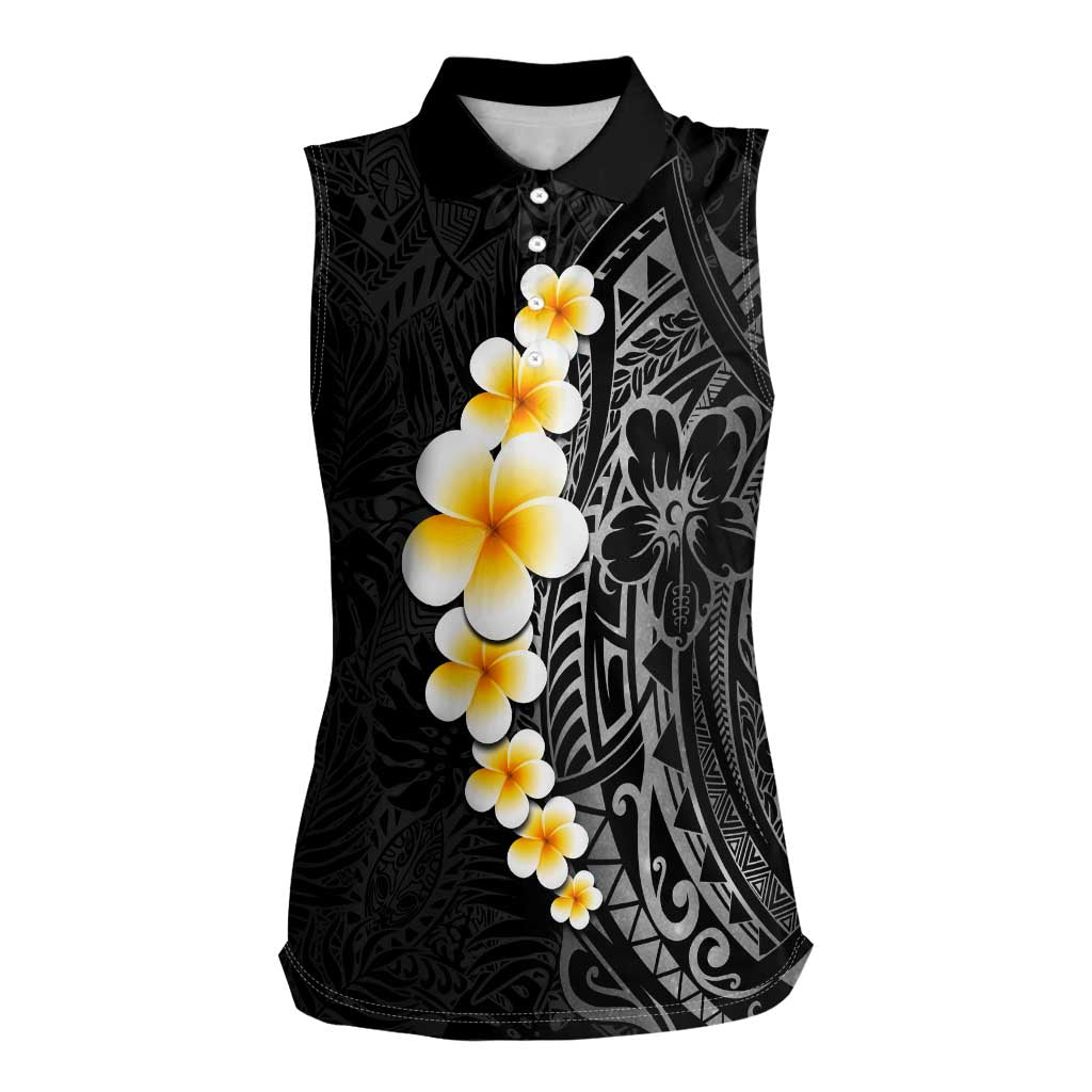 Black Tropical Plumeria With Galaxy Polynesian Art Women Sleeveless Polo Shirt LT14 Female Black - Polynesian Pride