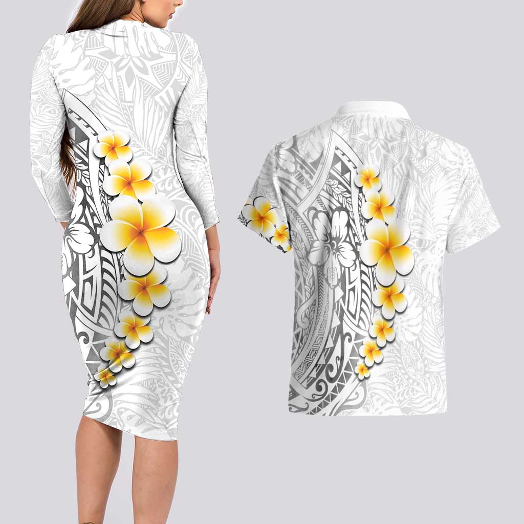 White Tropical Plumeria With Galaxy Polynesian Art Couples Matching Long Sleeve Bodycon Dress and Hawaiian Shirt LT14 - Polynesian Pride