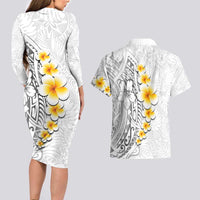 White Tropical Plumeria With Galaxy Polynesian Art Couples Matching Long Sleeve Bodycon Dress and Hawaiian Shirt LT14 - Polynesian Pride
