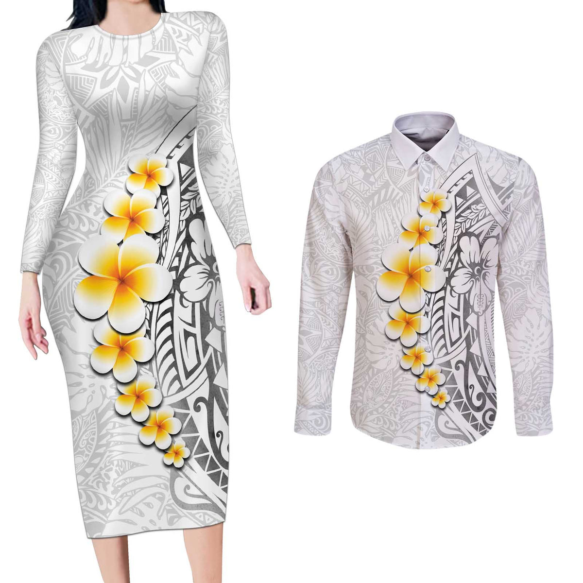 White Tropical Plumeria With Galaxy Polynesian Art Couples Matching Long Sleeve Bodycon Dress and Long Sleeve Button Shirt LT14 White - Polynesian Pride