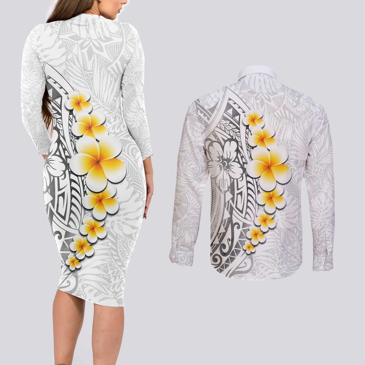 White Tropical Plumeria With Galaxy Polynesian Art Couples Matching Long Sleeve Bodycon Dress and Long Sleeve Button Shirt LT14 - Polynesian Pride