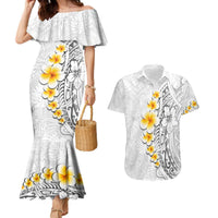 White Tropical Plumeria With Galaxy Polynesian Art Couples Matching Mermaid Dress and Hawaiian Shirt LT14 White - Polynesian Pride