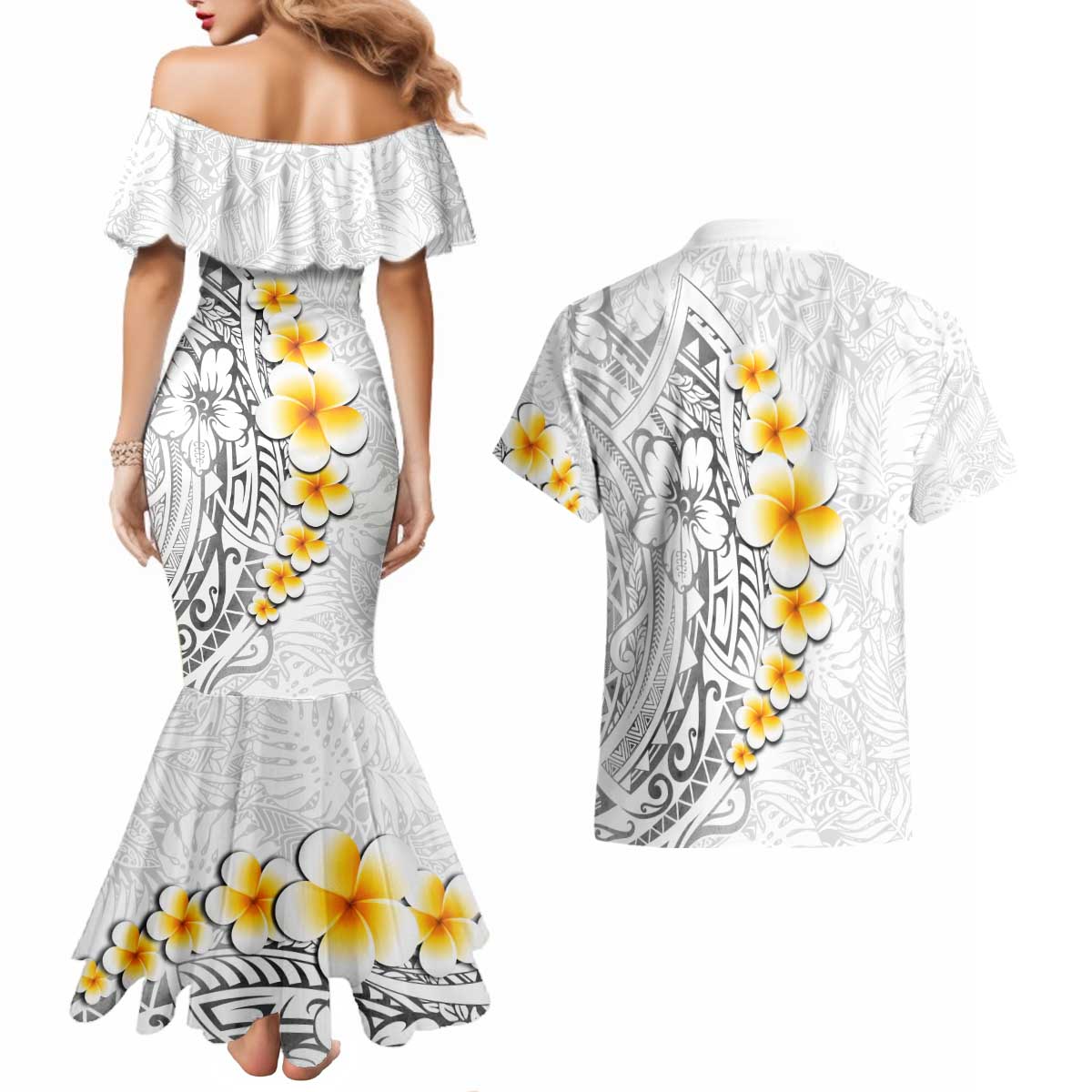 White Tropical Plumeria With Galaxy Polynesian Art Couples Matching Mermaid Dress and Hawaiian Shirt LT14 - Polynesian Pride