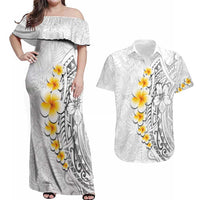 White Tropical Plumeria With Galaxy Polynesian Art Couples Matching Off Shoulder Maxi Dress and Hawaiian Shirt LT14 White - Polynesian Pride