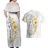 White Tropical Plumeria With Galaxy Polynesian Art Couples Matching Off Shoulder Maxi Dress and Hawaiian Shirt LT14 - Polynesian Pride