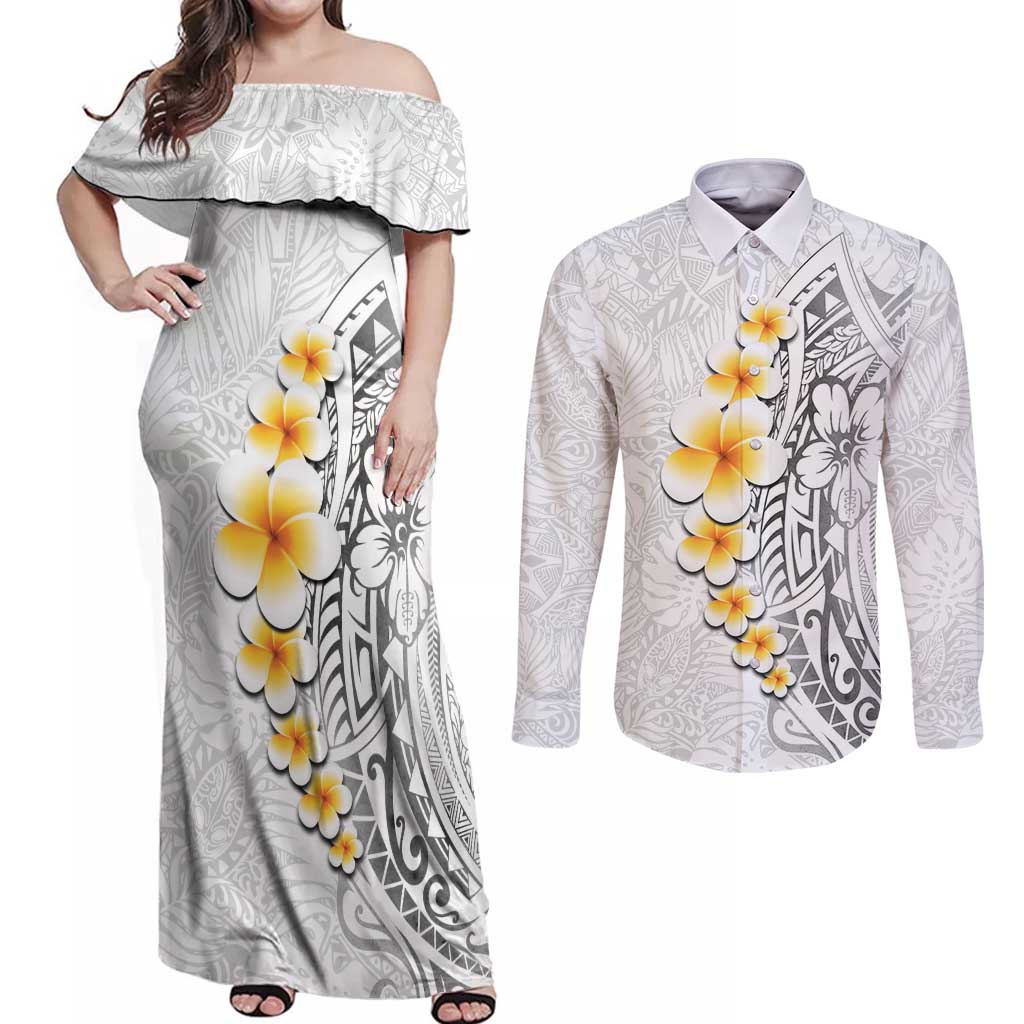 White Tropical Plumeria With Galaxy Polynesian Art Couples Matching Off Shoulder Maxi Dress and Long Sleeve Button Shirt LT14 White - Polynesian Pride