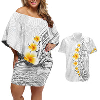 White Tropical Plumeria With Galaxy Polynesian Art Couples Matching Off Shoulder Short Dress and Hawaiian Shirt LT14 White - Polynesian Pride