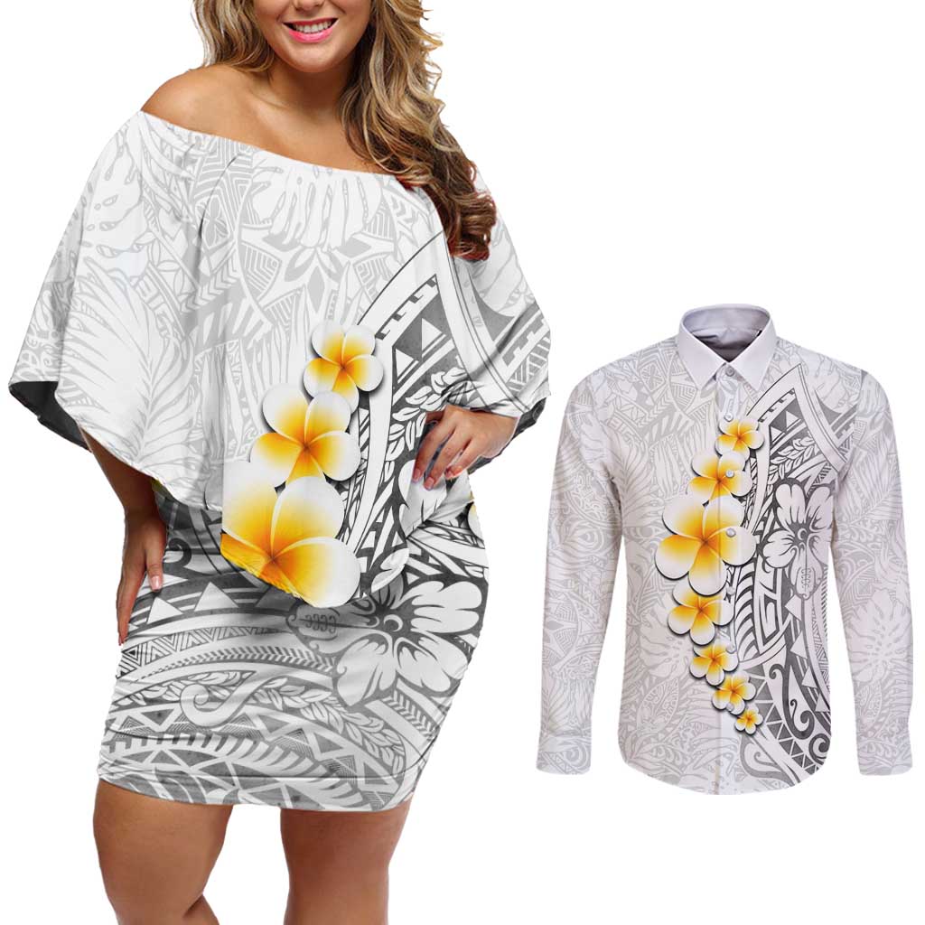 White Tropical Plumeria With Galaxy Polynesian Art Couples Matching Off Shoulder Short Dress and Long Sleeve Button Shirt LT14 White - Polynesian Pride