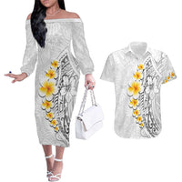 White Tropical Plumeria With Galaxy Polynesian Art Couples Matching Off The Shoulder Long Sleeve Dress and Hawaiian Shirt LT14 White - Polynesian Pride