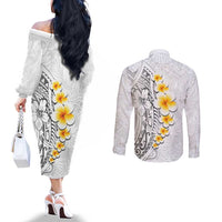 White Tropical Plumeria With Galaxy Polynesian Art Couples Matching Off The Shoulder Long Sleeve Dress and Long Sleeve Button Shirt LT14 - Polynesian Pride