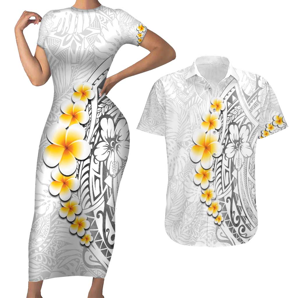White Tropical Plumeria With Galaxy Polynesian Art Couples Matching Short Sleeve Bodycon Dress and Hawaiian Shirt LT14 White - Polynesian Pride