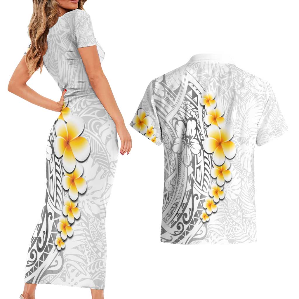White Tropical Plumeria With Galaxy Polynesian Art Couples Matching Short Sleeve Bodycon Dress and Hawaiian Shirt LT14 - Polynesian Pride