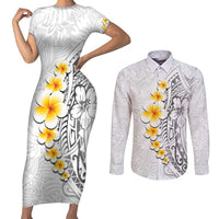 White Tropical Plumeria With Galaxy Polynesian Art Couples Matching Short Sleeve Bodycon Dress and Long Sleeve Button Shirt LT14 White - Polynesian Pride