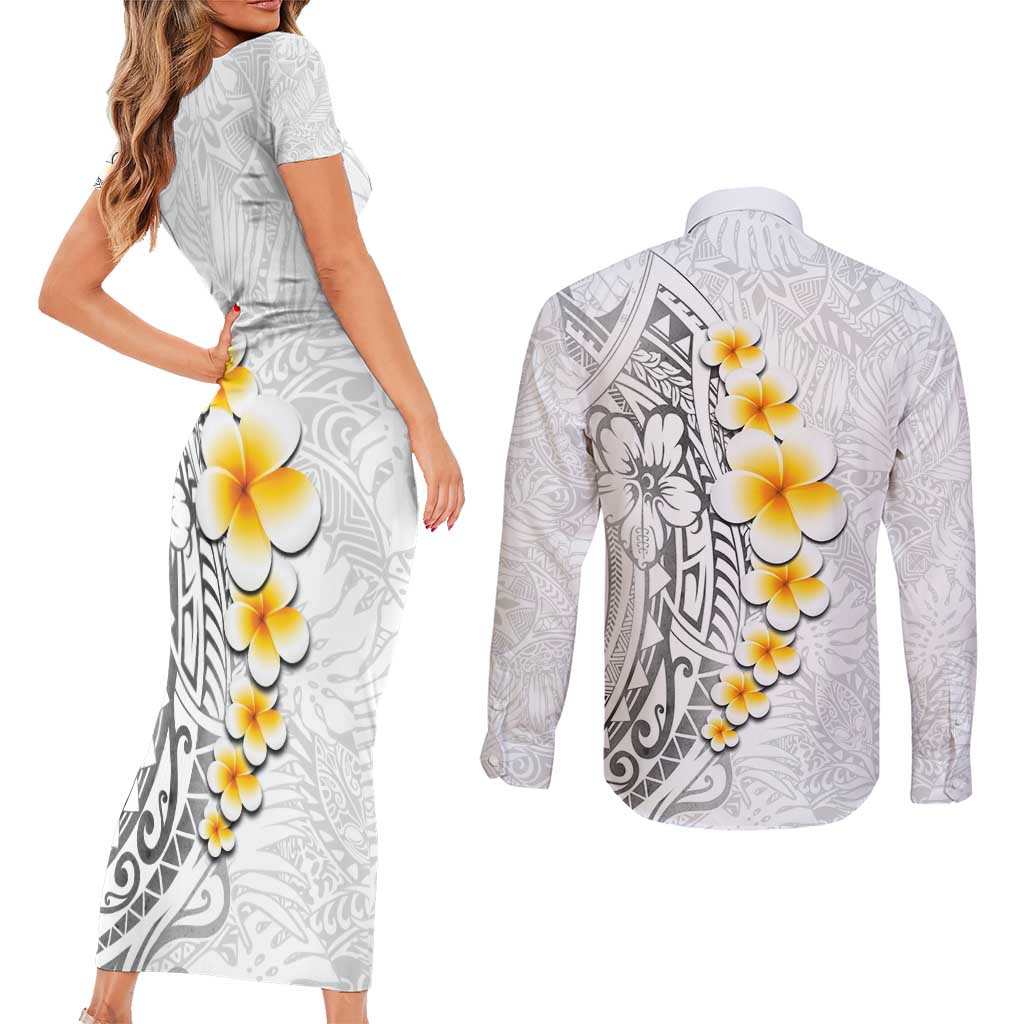 White Tropical Plumeria With Galaxy Polynesian Art Couples Matching Short Sleeve Bodycon Dress and Long Sleeve Button Shirt LT14 - Polynesian Pride