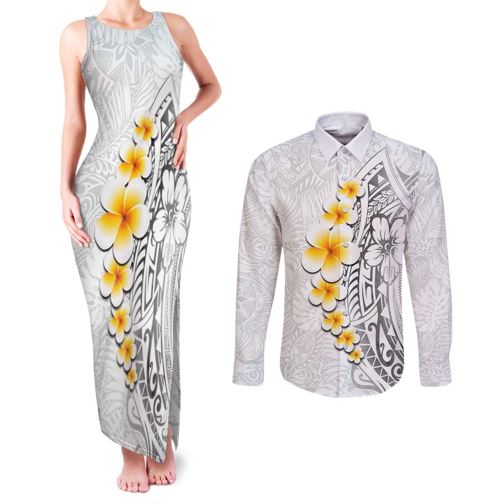 White Tropical Plumeria With Galaxy Polynesian Art Couples Matching Tank Maxi Dress and Long Sleeve Button Shirt LT14 White - Polynesian Pride