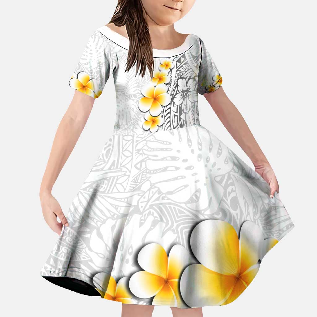 White Tropical Plumeria With Galaxy Polynesian Art Family Matching Off Shoulder Maxi Dress and Hawaiian Shirt LT14 Daughter's Dress White - Polynesian Pride